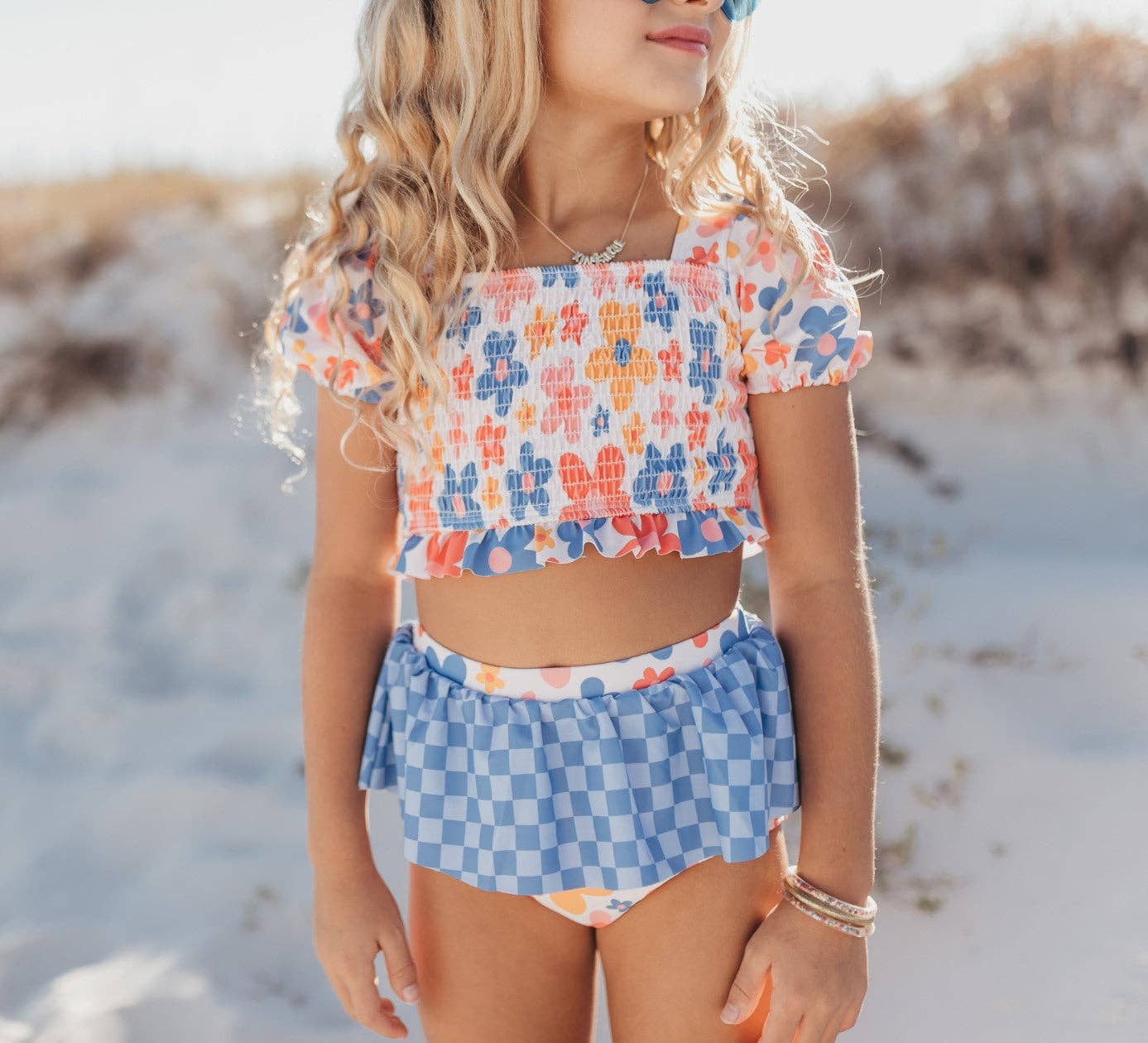 Retro Checkered Flower Power 2 Piece Skirted Swimsuit