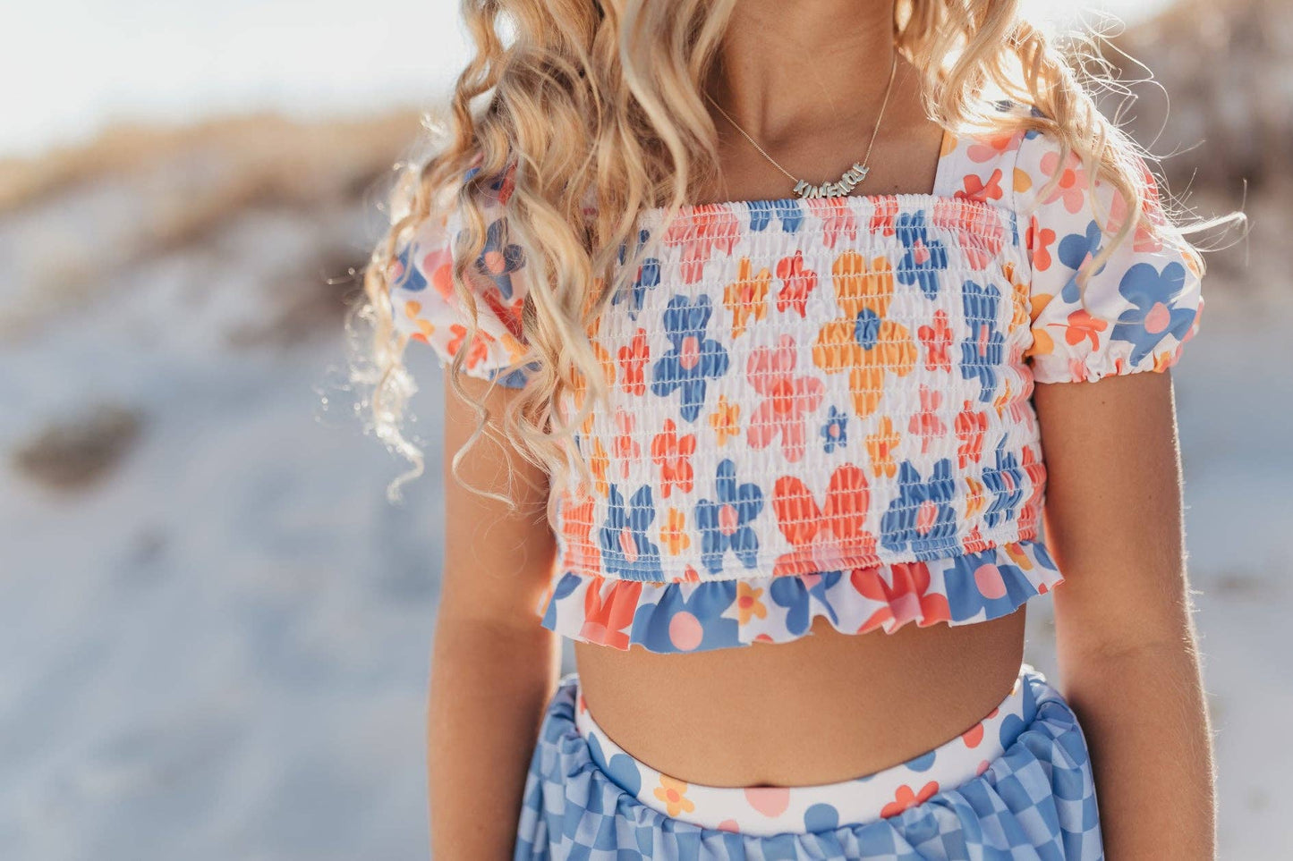 Retro Checkered Flower Power 2 Piece Skirted Swimsuit