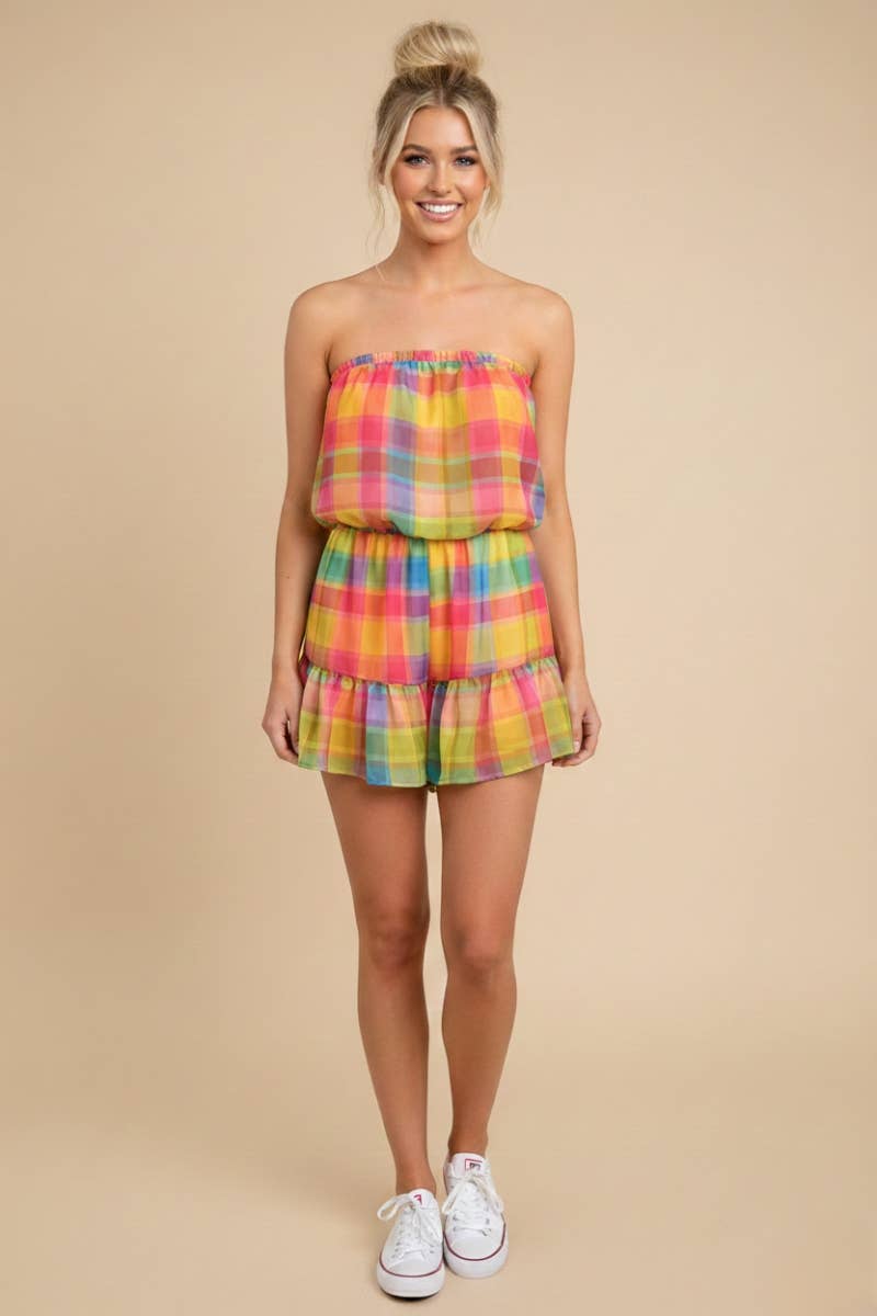 Sunset Plaid Strapless Romper