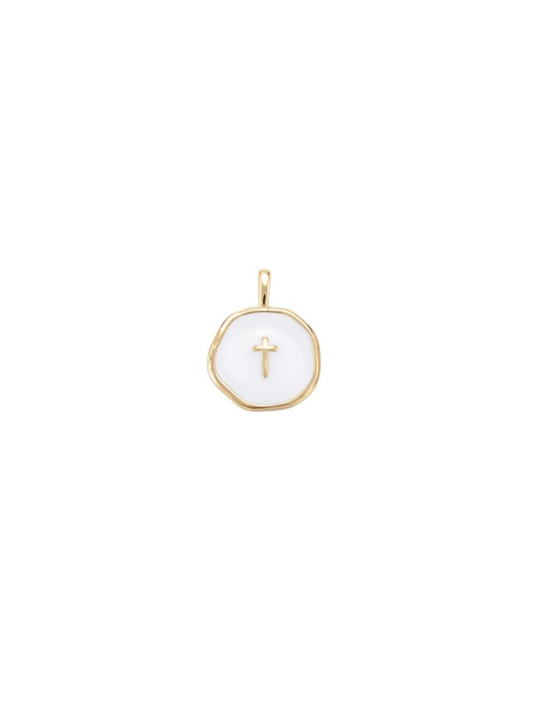 Pearl Disc with Gold Cross Charm