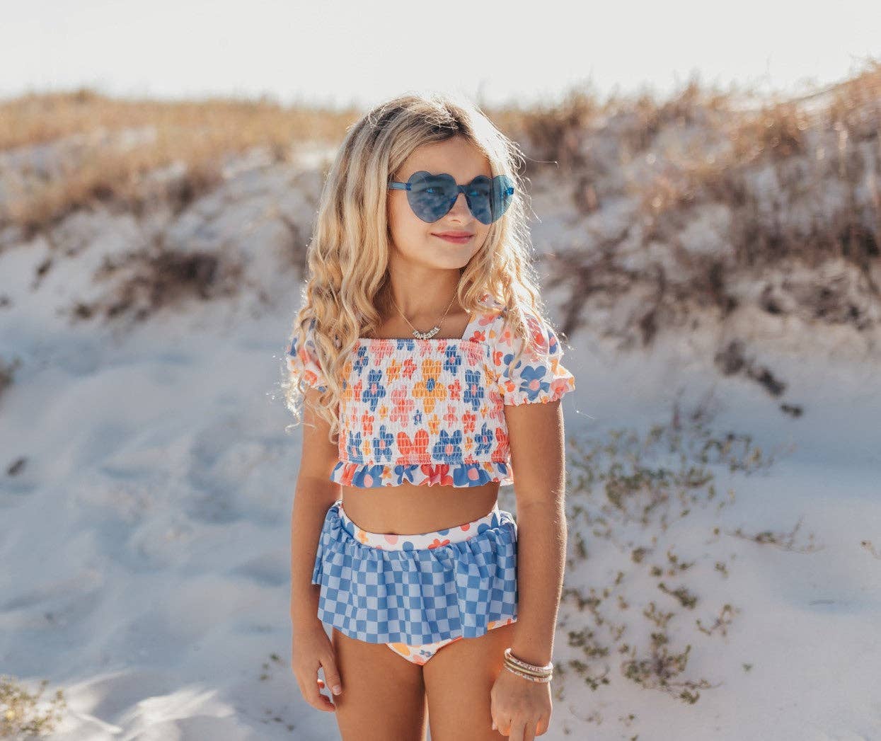 Retro Checkered Flower Power 2 Piece Skirted Swimsuit