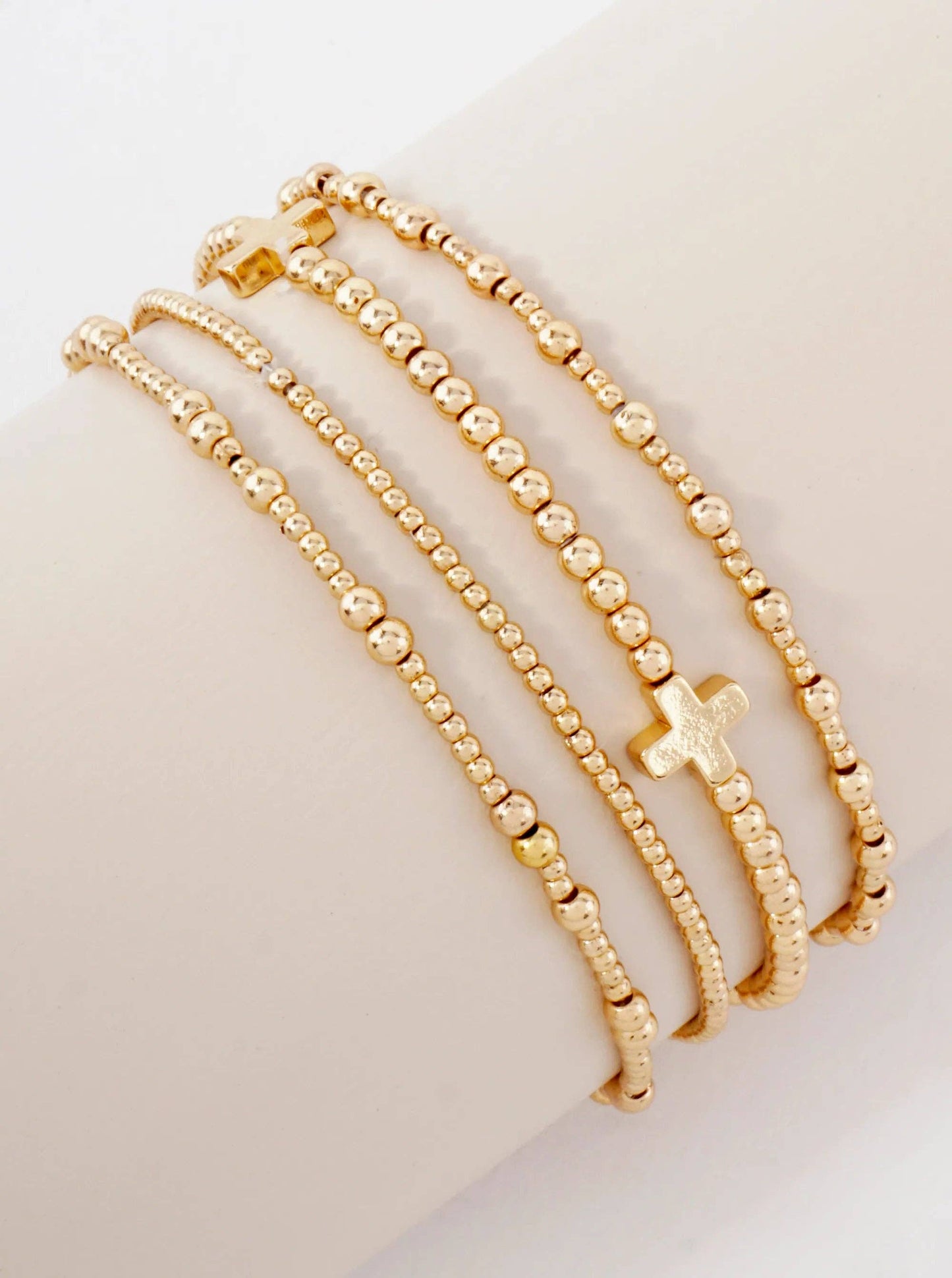 4PC-Set Cross Accents Metallic Beaded Stackable Stretch Bracelet